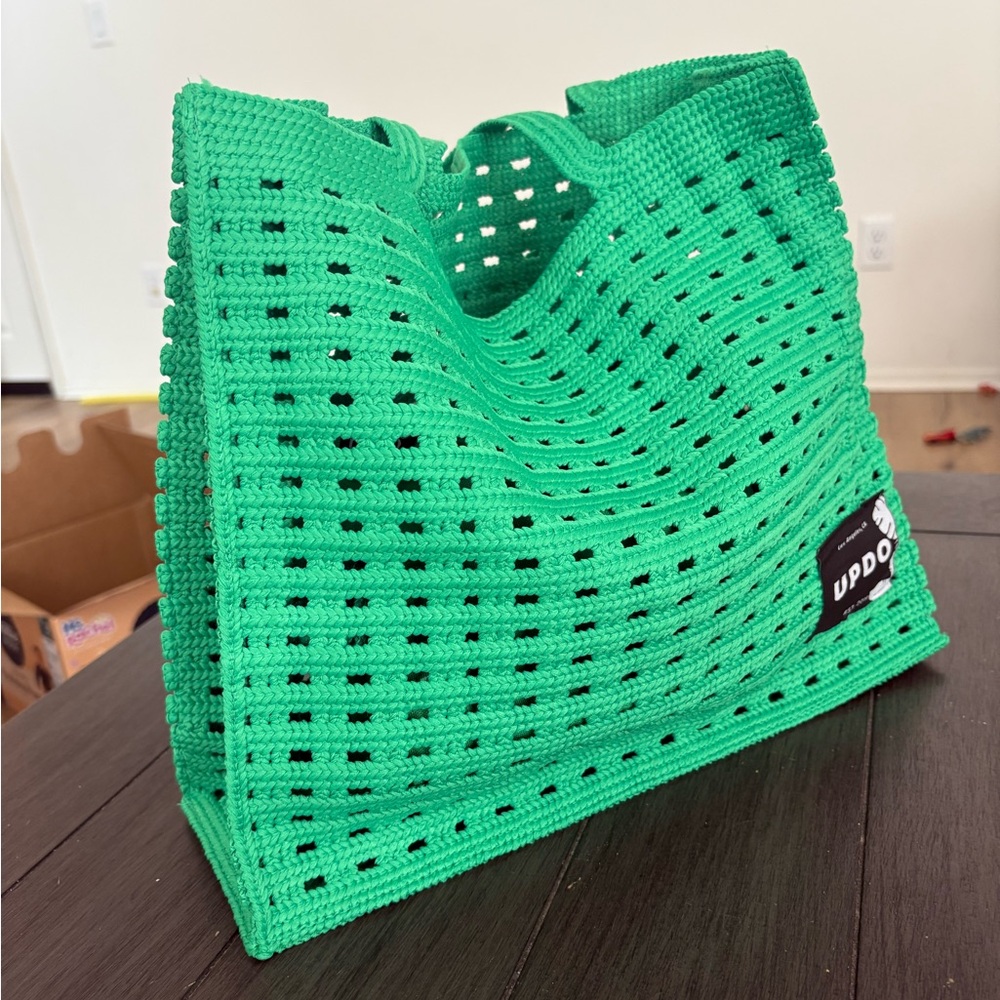 Green Crochet Tote Bag with Top Handles